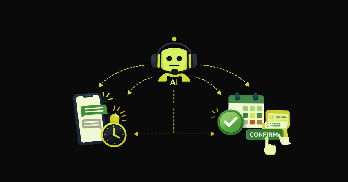 Appointment booking automation journey — central AI bot with headphones connected by dashed arrows to SMS timed reminders on mobile phone on the left and calendar appointment with confirmation button and reminder notification on the right, showing how automated systems handle the full booking reminder and confirmation workflow