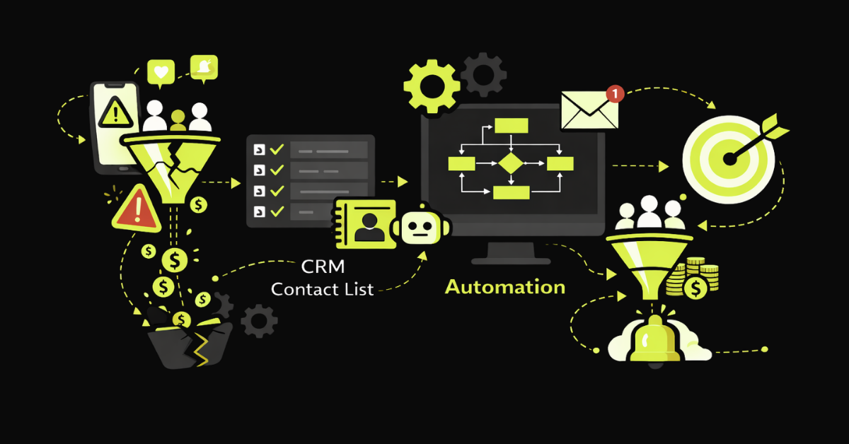CRM automation journey for service businesses — multiple lead sources funnel into a CRM contact list, pass through an automation workflow with email and follow-up sequences, and convert to revenue targets