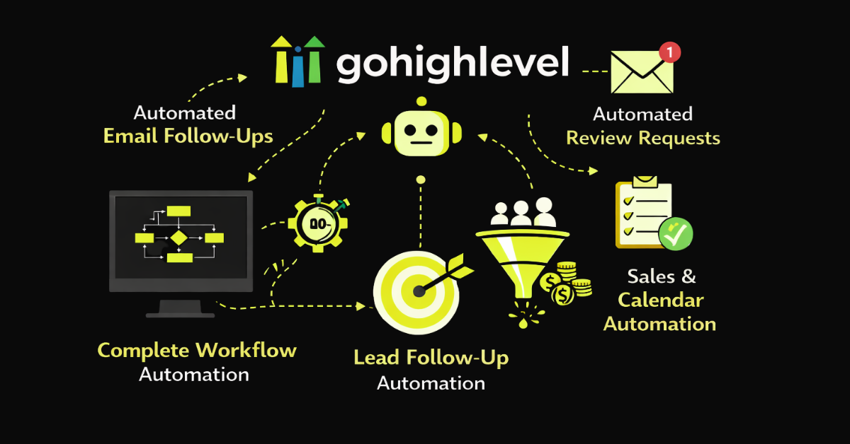 GoHighLevel automation ecosystem for service businesses — central GoHighLevel platform connected to complete workflow automation, automated email follow-ups, AI bot, automated review requests, sales and calendar automation, and lead follow-up automation as one unified system