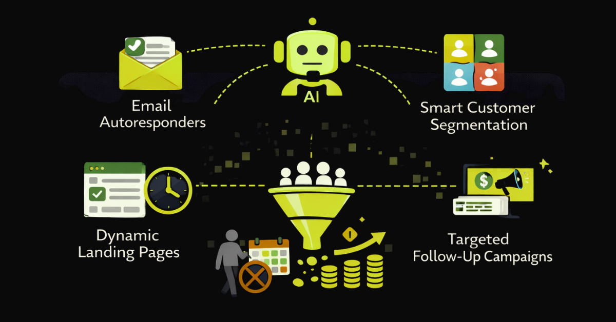 Marketing automation conversion journey — central automation hub connected to five layers: lead intake and routing, immediate response and follow-up sequences, CRM pipeline and lead visibility, booking reminders and no-show recovery, and re-engagement and long-term nurture for service businesses