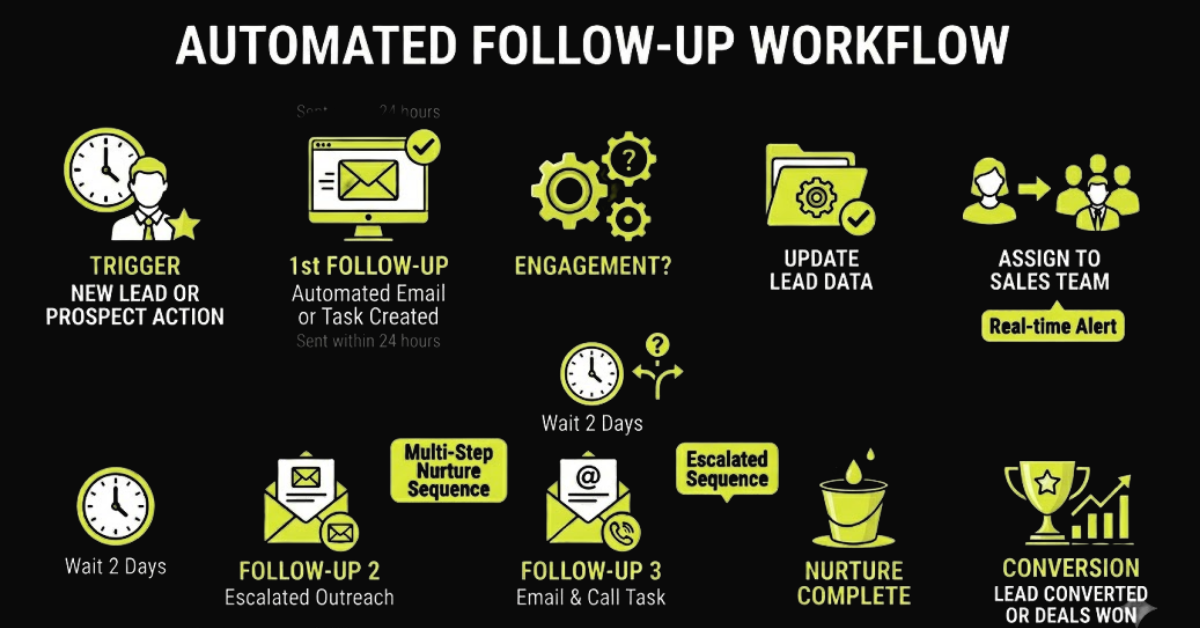 Automated follow-up workflow diagram for service businesses — trigger from new lead or prospect action, 1st automated email follow-up sent within 24 hours, engagement check, update lead data, assign to sales team with real-time alert, wait 2 days, escalated outreach, multi-step nurture sequence, email and call task follow-up, escalated sequence, nurture complete, and final conversion to deals won