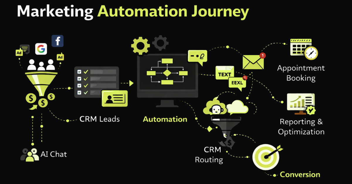Marketing automation journey for service businesses — showing AI chat, CRM leads, automation workflow, CRM routing, conversion, appointment booking, and reporting and optimisation stages