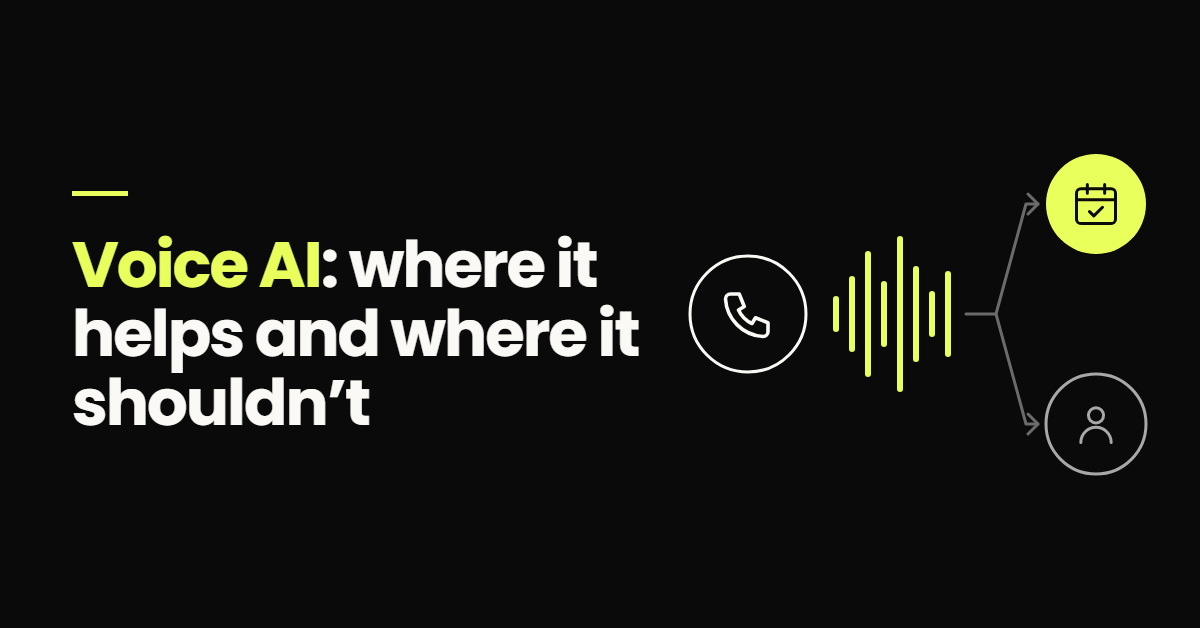 Voice AI diagram: a phone call turns into a sound wave that branches to either a booked appointment or a person