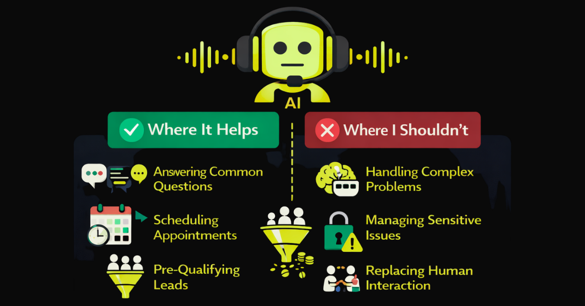 Voice AI for service businesses — where it helps versus where it shouldn't: helps with answering common questions, scheduling appointments, and pre-qualifying leads; should not replace humans for handling complex problems, managing sensitive issues, or replacing human interaction