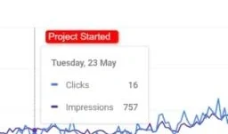 Search Console project start marker on Tuesday 23 May showing 16 clicks and 757 impressions that day
