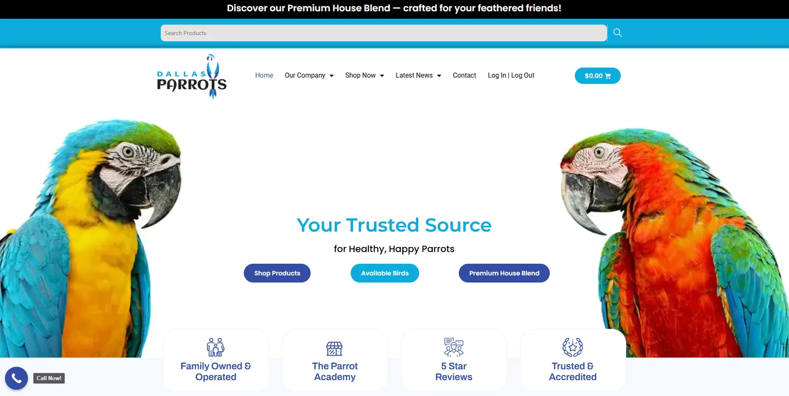 Dallas Parrots ecommerce website homepage on desktop with product search, shop navigation and three entry points into the catalogue