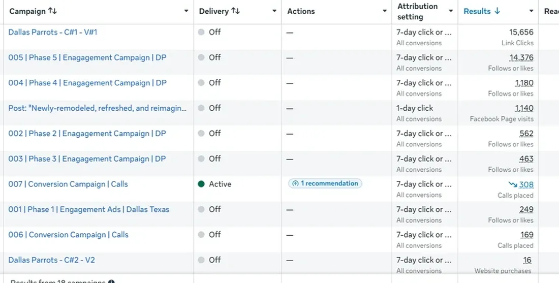Detail of the Dallas Parrots Meta campaigns showing calls placed on the conversion campaigns and website purchases on an ecommerce campaign