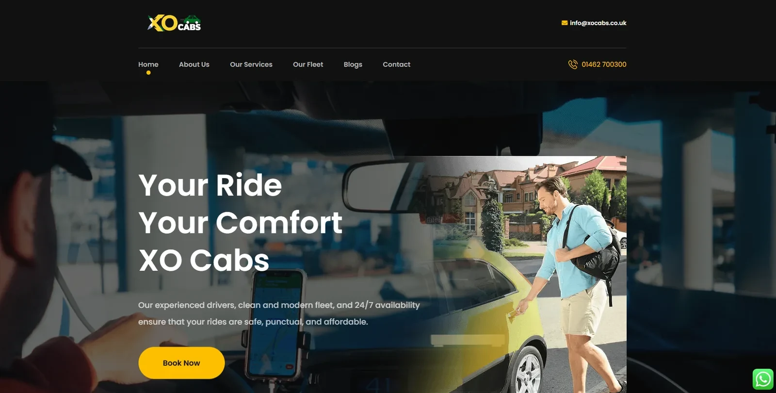 XO CABS executive transport website on desktop showing the service navigation and a book now action