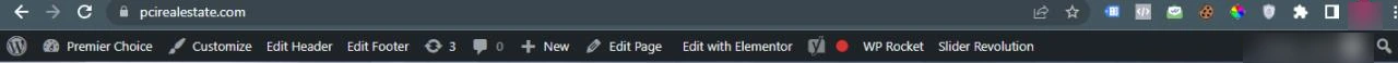 WordPress admin bar on the Premier Choice International site showing Elementor, Yoast, WP Rocket and Slider Revolution, with the logged in username masked