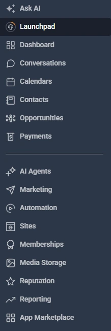 GoHighLevel feature navigation including conversations, calendars, contacts, opportunities, automation and reputation
