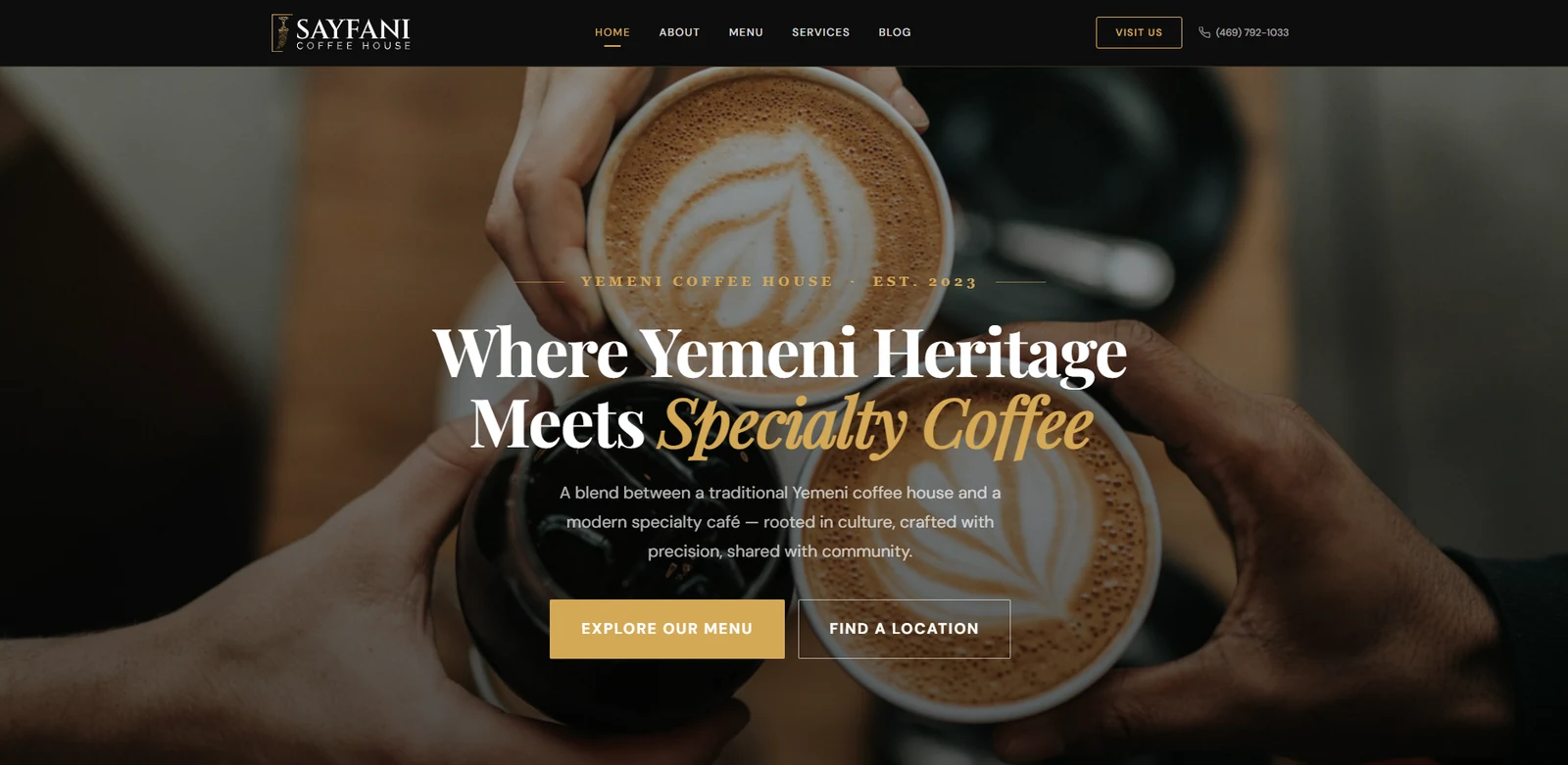 Sayfani Coffee House website homepage with menu and location actions