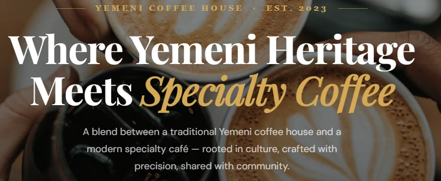 Sayfani Coffee House homepage headline stating Yemeni heritage meets specialty coffee