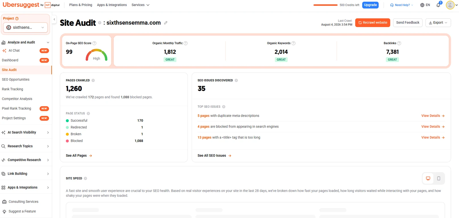 Ubersuggest site audit for sixthsensemma.com showing on-page score, organic estimates, pages crawled and SEO issues