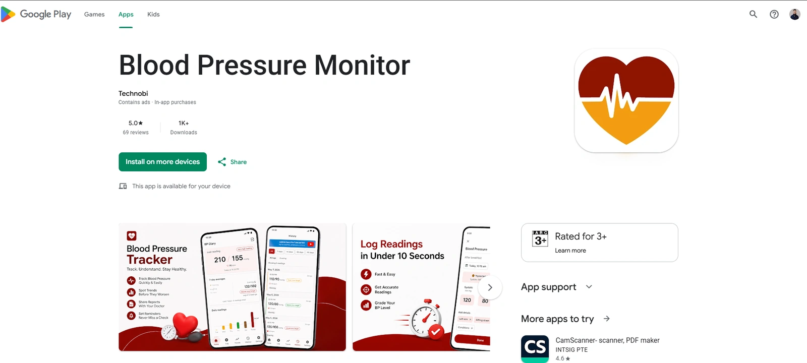 Blood Pressure Monitor listing on Google Play