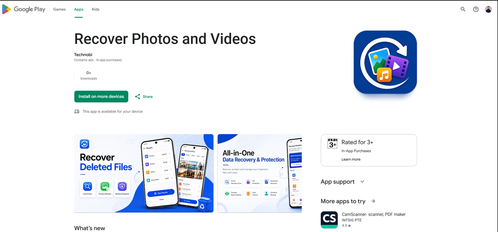 Recover Photos and Videos listing on Google Play