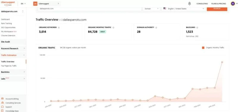 Dallas Parrots SEO overview showing organic keywords, monthly organic traffic, domain authority and backlinks