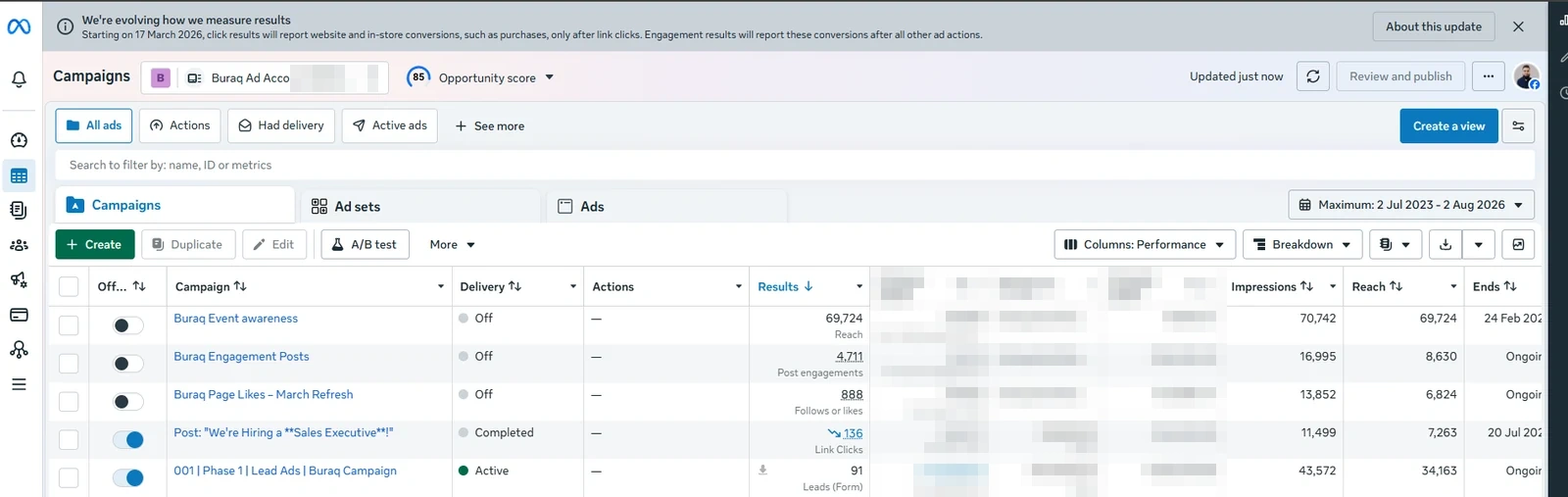 Meta Ads Manager campaign list for Buraq Business Center showing lead, engagement and page like campaigns, budget and spend columns redacted