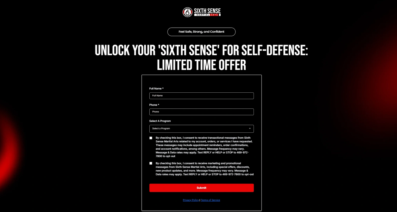 Sixth Sense Martial Arts campaign landing page with a self-defense offer headline and a short lead form asking for name, phone and program, with SMS consent checkboxes above the submit button