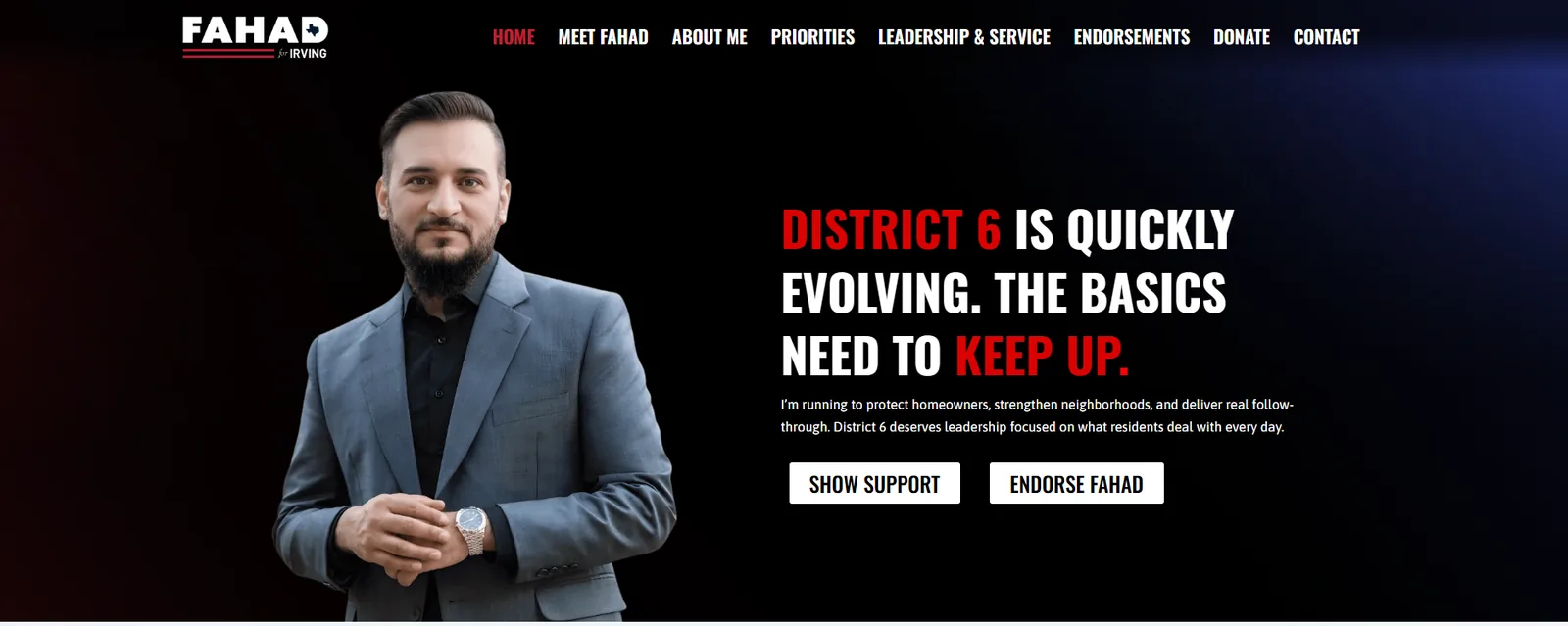 Fahad for Irving campaign website homepage