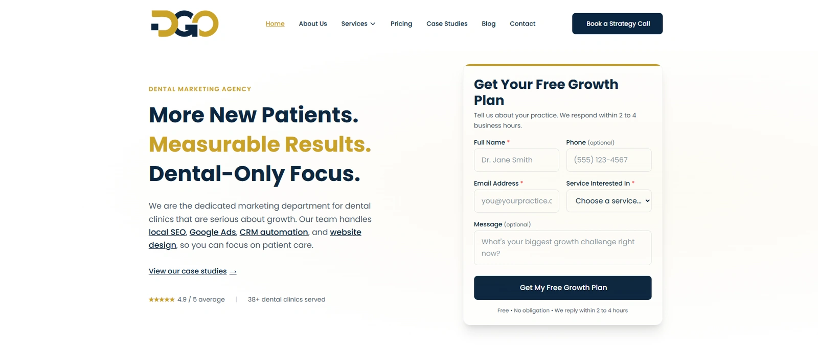 Dental Growth Ops website homepage with a lead capture form