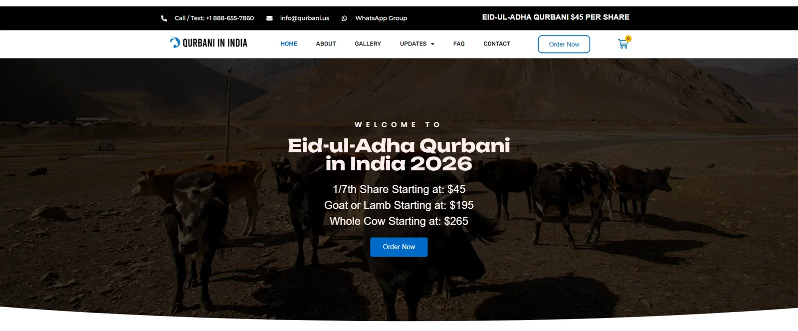 Qurbani in India website homepage with ordering options