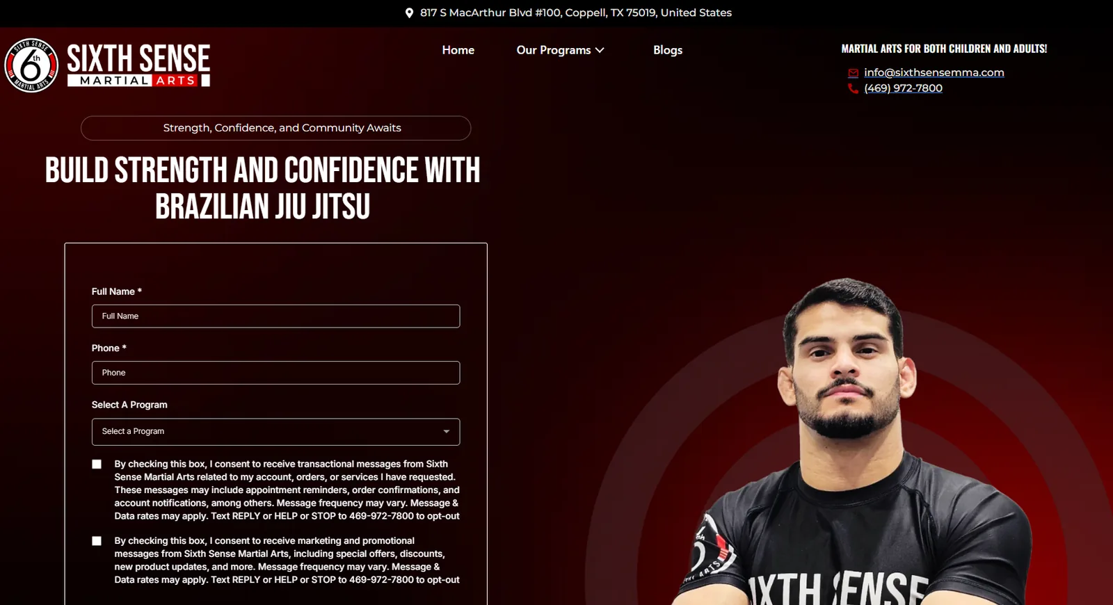 Sixth Sense Martial Arts website homepage with enquiry form